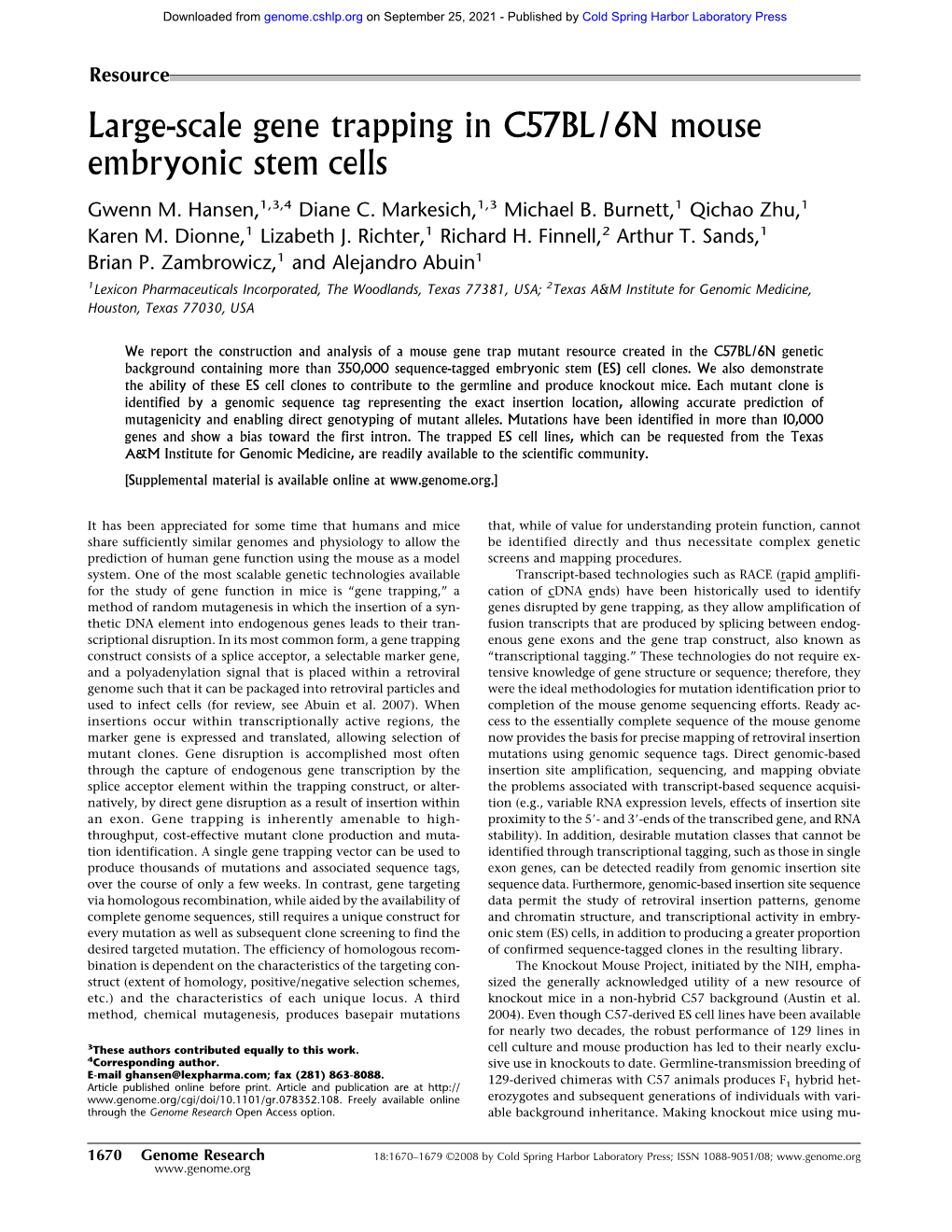 Large-Scale Gene Trapping in C57BL/6N Mouse Embryonic Stem Cells