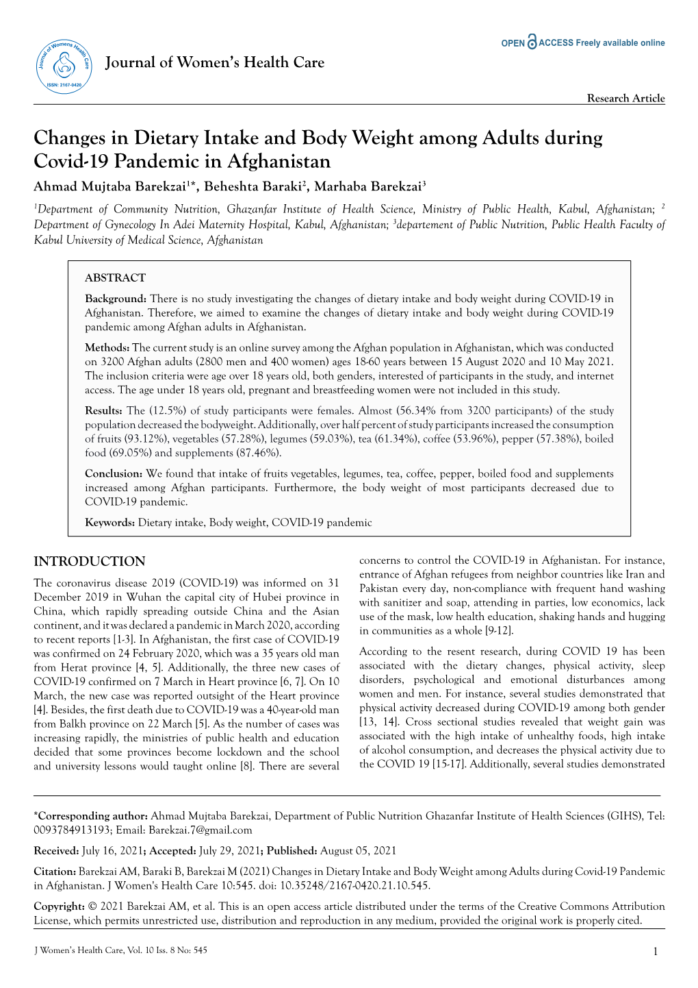 Changes in Dietary Intake and Body Weight Among Adults During Covid