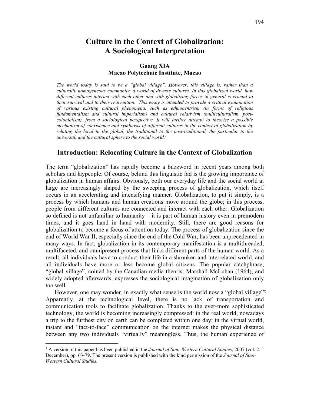 Culture in the Context of Globalization: a Sociological Interpretation