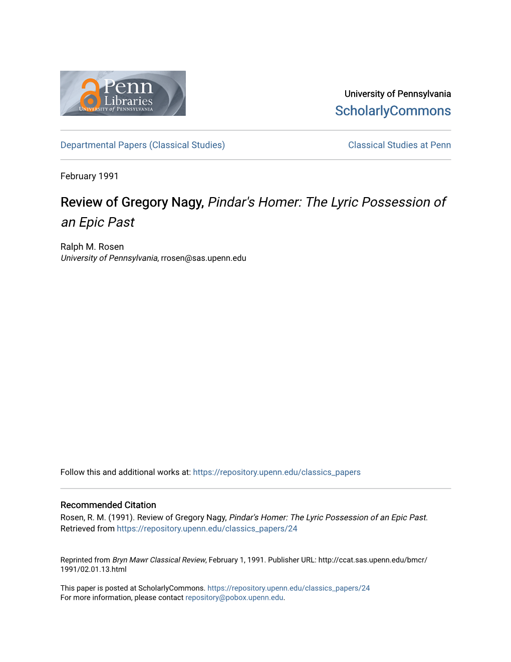 Review of Gregory Nagy, Pindar's Homer: the Lyric Possession of an Epic Past