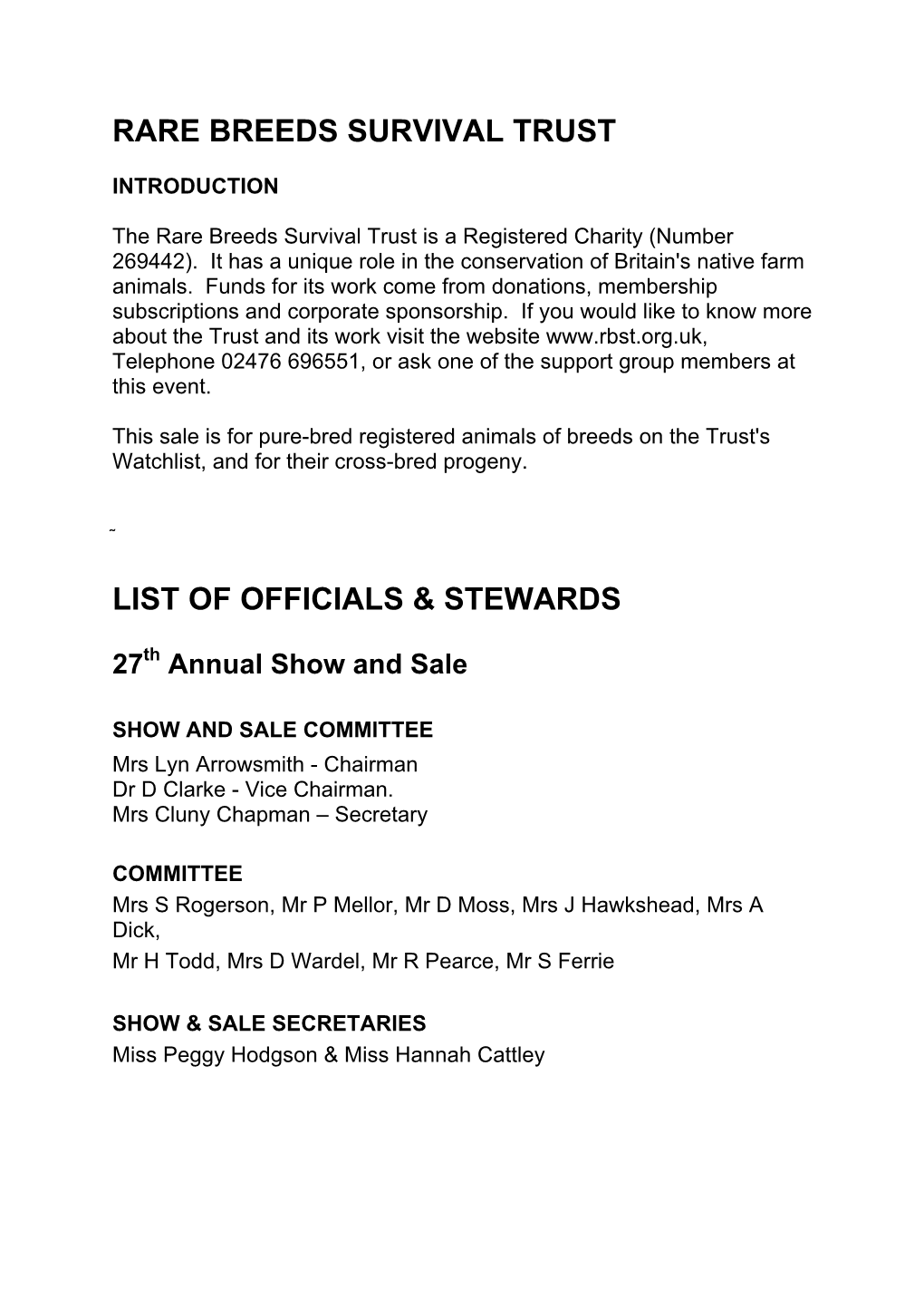 Rare Breeds Survival Trust List of Officials & Stewards