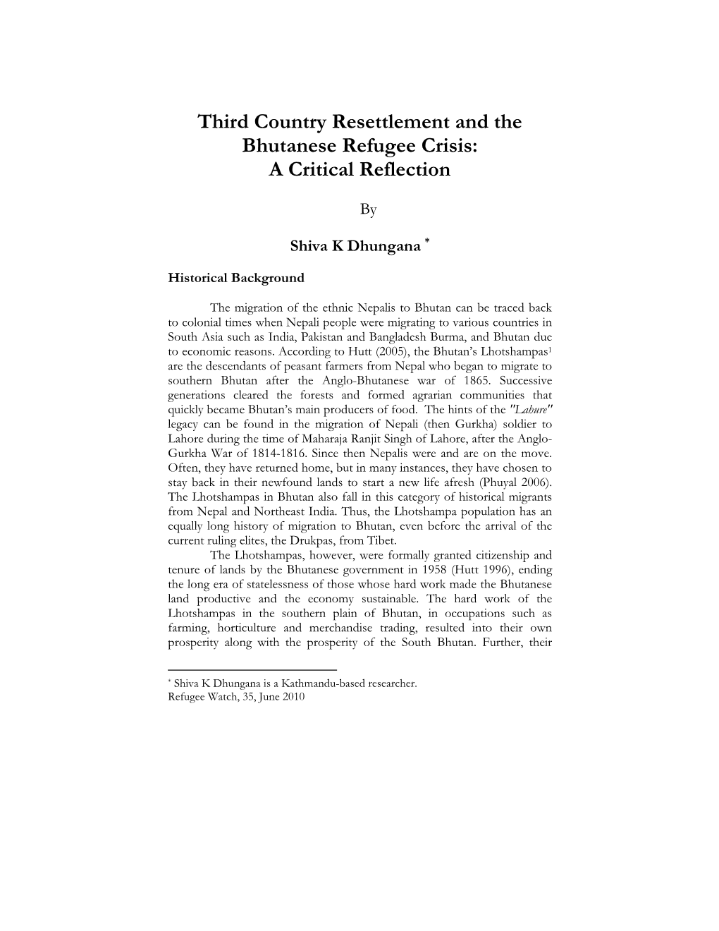 Third Country Resettlement and the Bhutanese Refugee Crisis: a Critical Reflection
