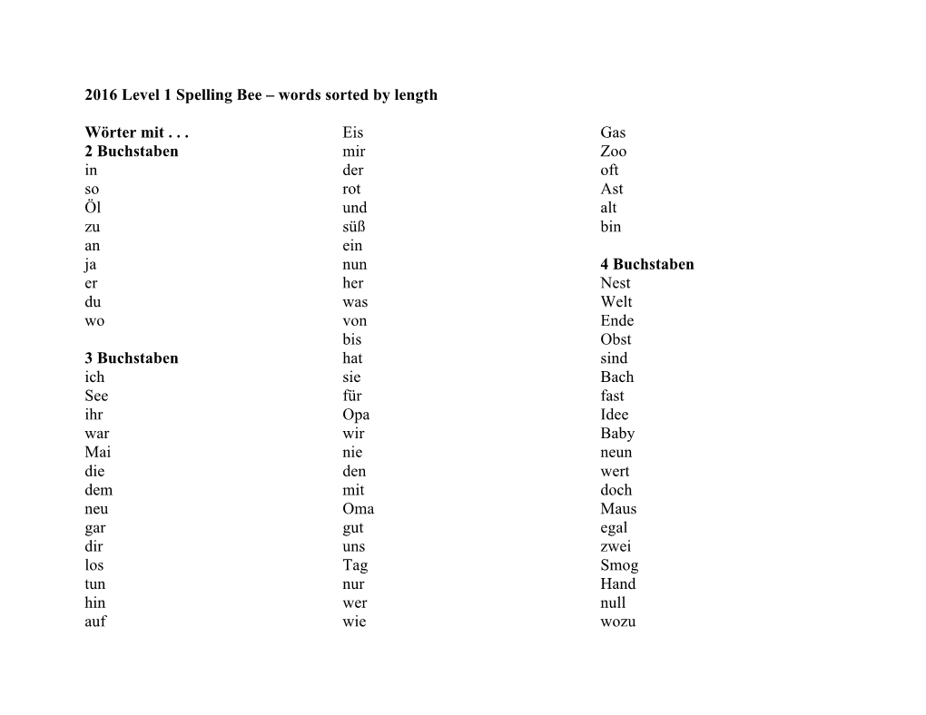 2016 Level 1 Spelling Bee – Words Sorted by Length Wörter Mit . . . 2 Buchstaben in So Öl Zu an Ja Er Du Wo 3 Buchstaben Ic