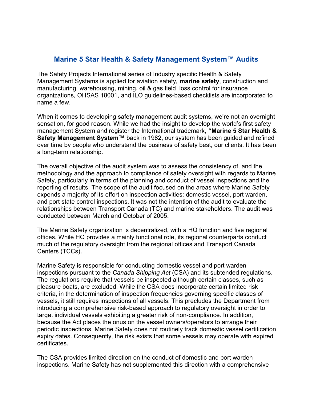 Marine 5 Star Health & Safety Management System Audits