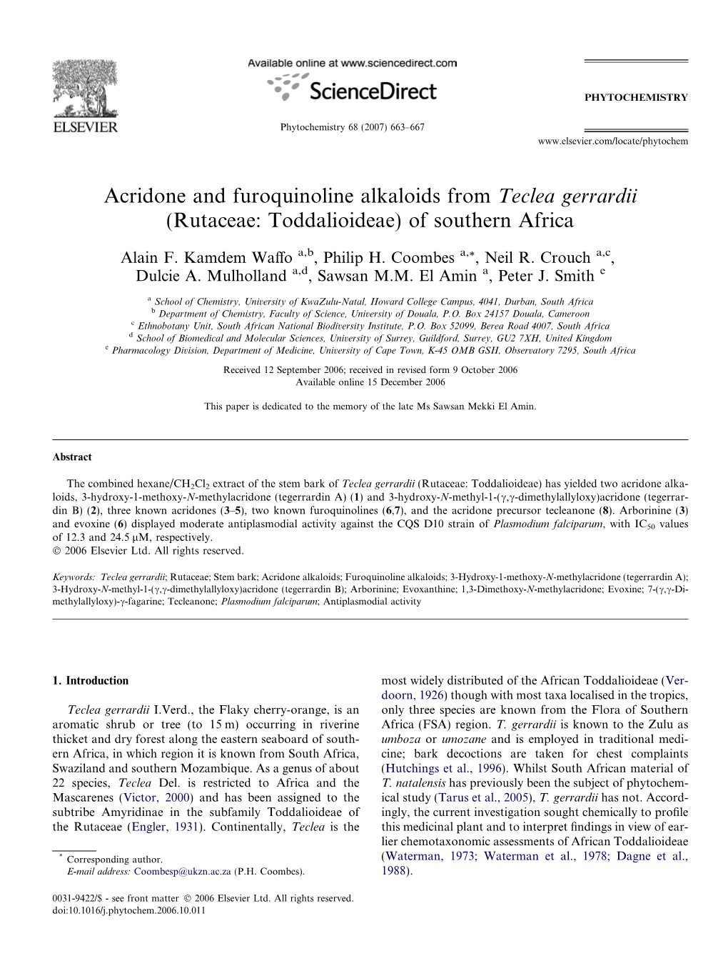 Acridone and Furoquinoline Alkaloids from Teclea Gerrardii (Rutaceae: Toddalioideae) of Southern Africa