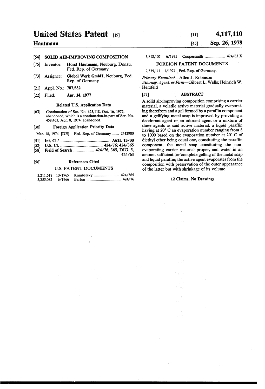 United States Patent 19 11) 4,117,110 Hautmann 45 Sep