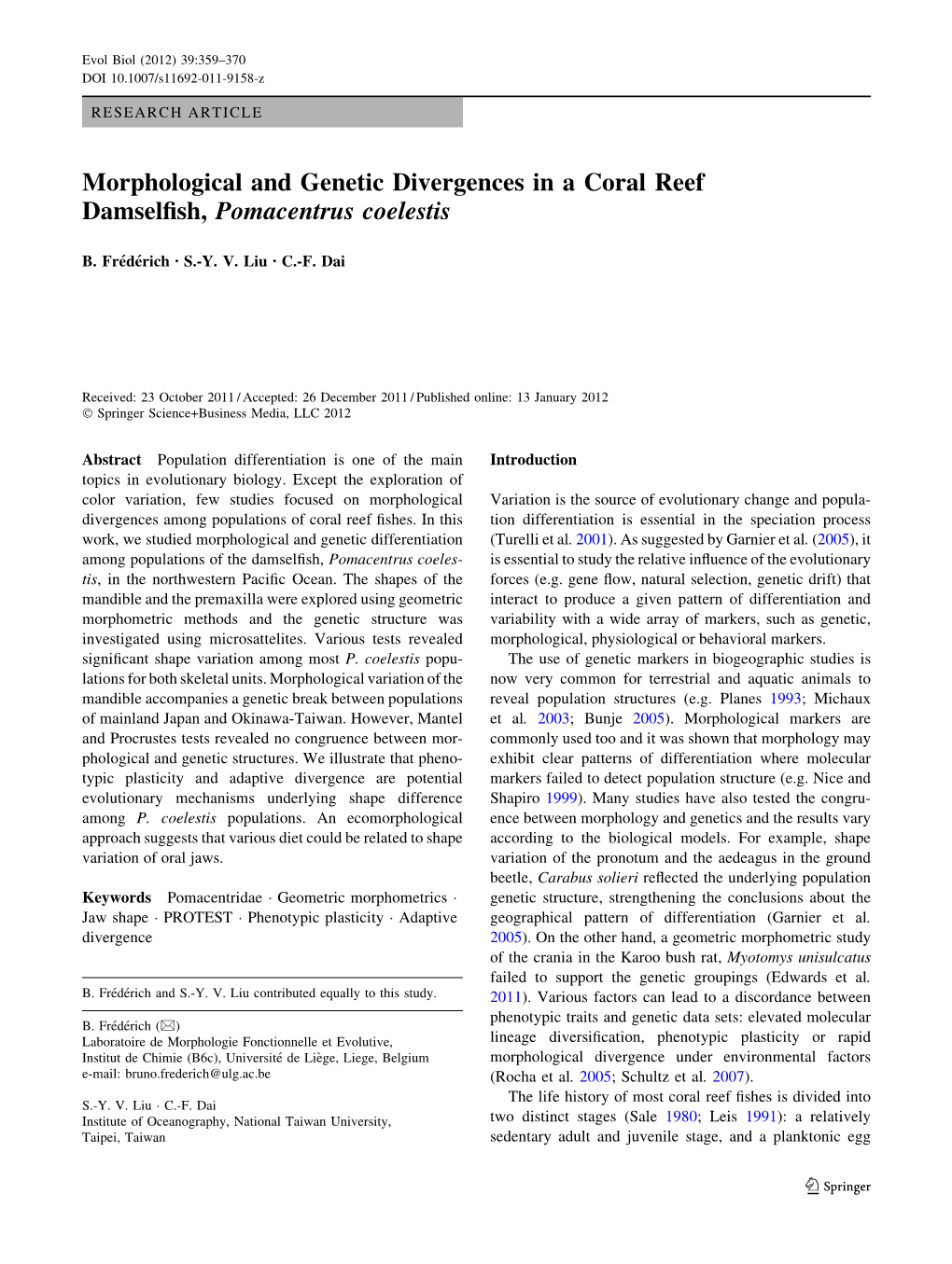 Morphological and Genetic Divergences in a Coral Reef Damselfish, Pomacentrus Coelestis