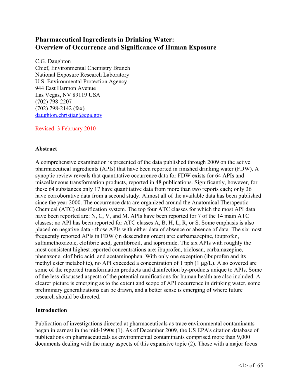 Pharmaceutical Ingredients in Drinking Water: Overview of Occurrence and Significance of Human Exposure