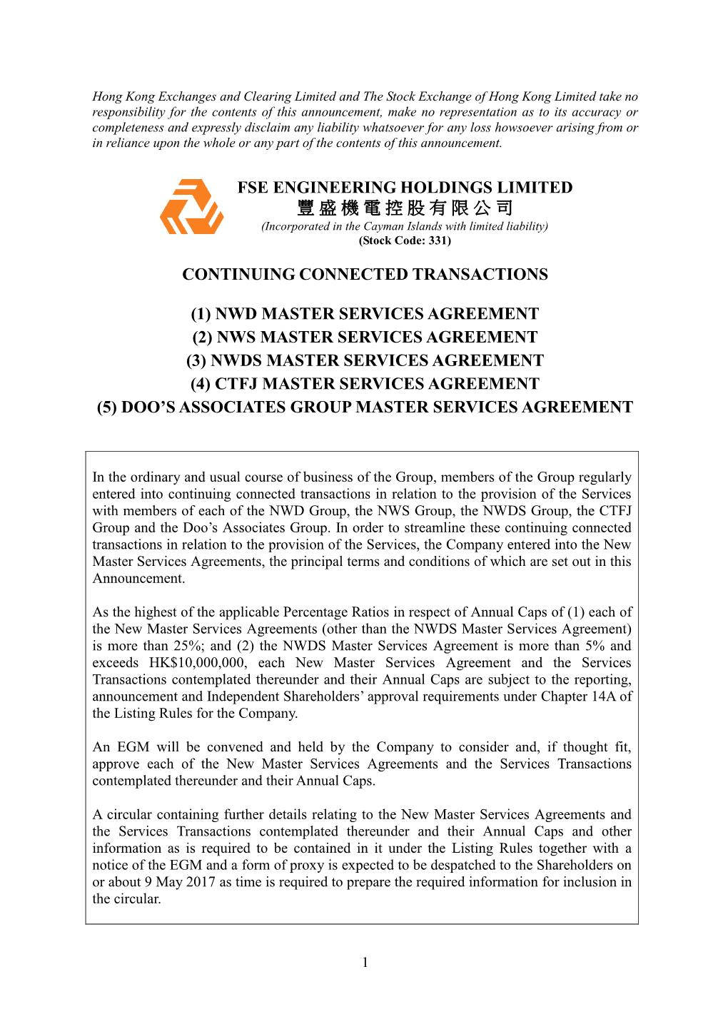 Fse Engineering Holdings Limited 豐盛機電控股有限公司 Continuing Connected Transactions (1) Nwd Master Services Agreem