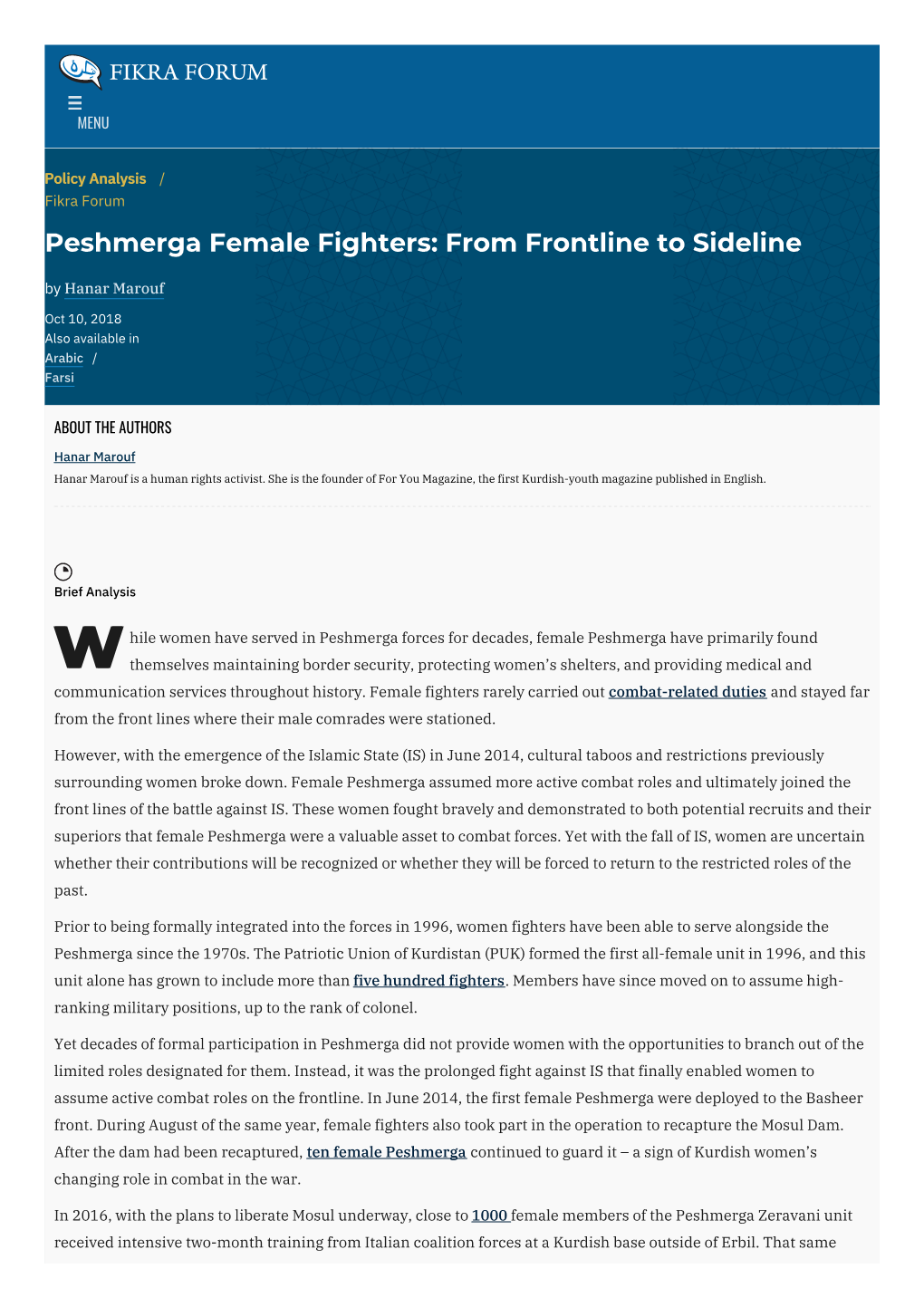 Peshmerga Female Fighters: from Frontline to Sideline by Hanar Marouf