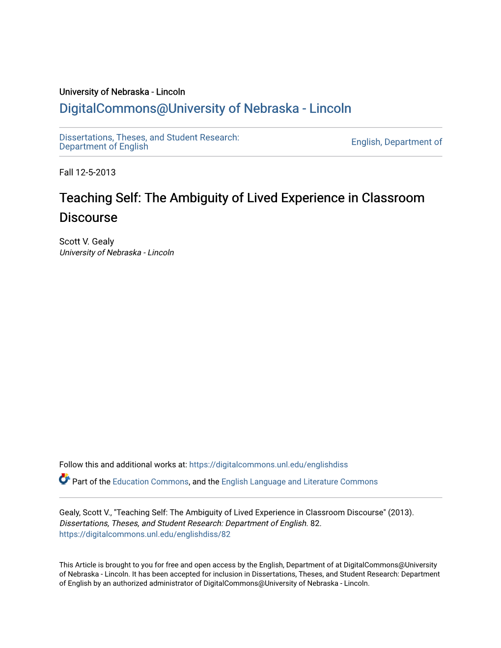 Teaching Self: the Ambiguity of Lived Experience in Classroom Discourse