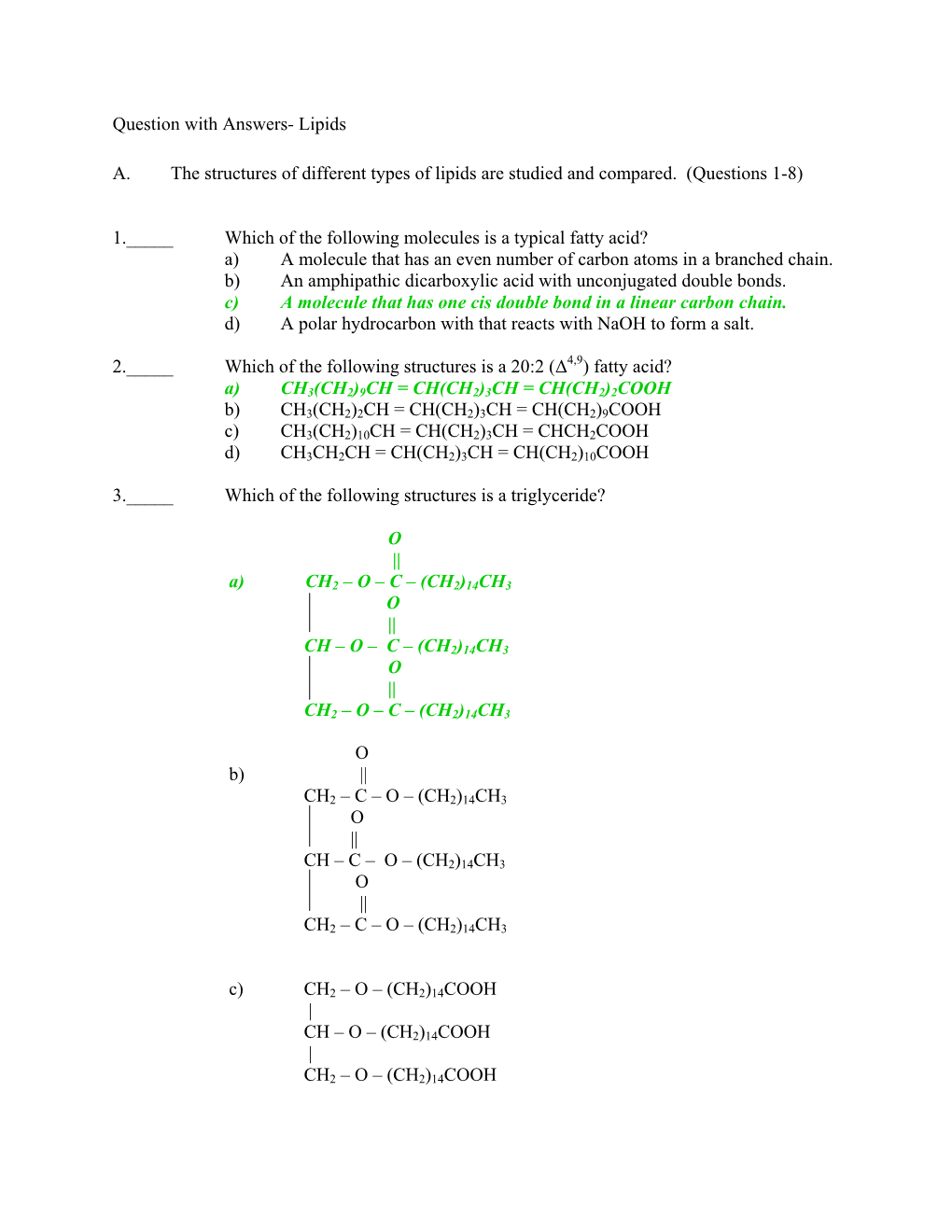 Question with Answers- Lipids A. the Structures of Different Types of Lipids