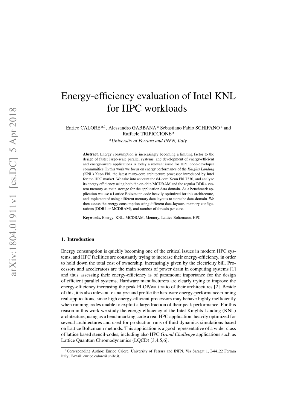 Energy-Efficiency Evaluation of Intel KNL for HPC Workloads Arxiv