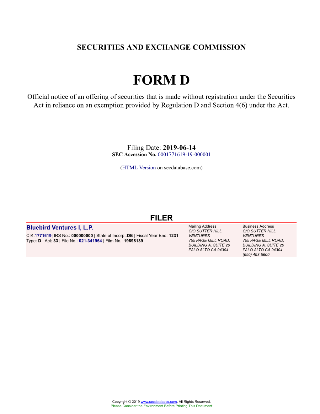 Bluebird Ventures I, L.P. Form D Filed 2019-06-14
