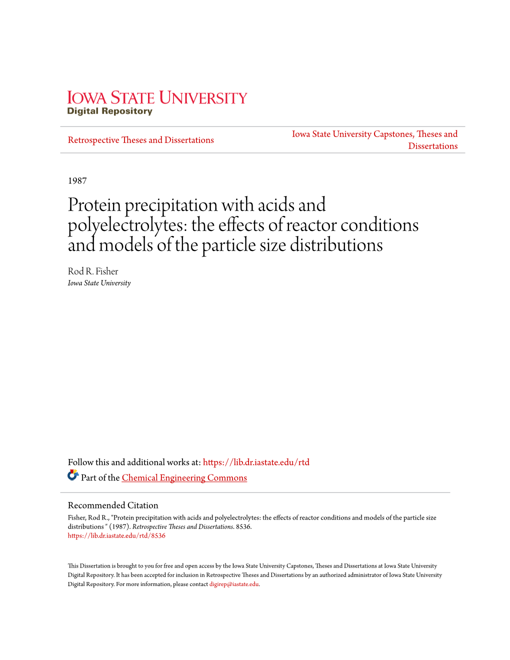 Protein Precipitation with Acids and Polyelectrolytes: the Effects of Reactor Conditions and Models of the Particle Size Distributions Rod R