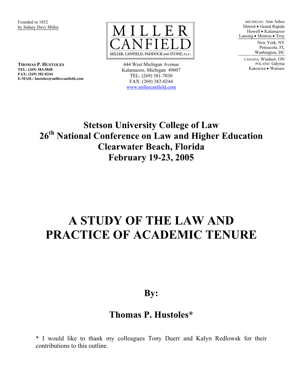 A Study of the Law and Practice of Academic Tenure