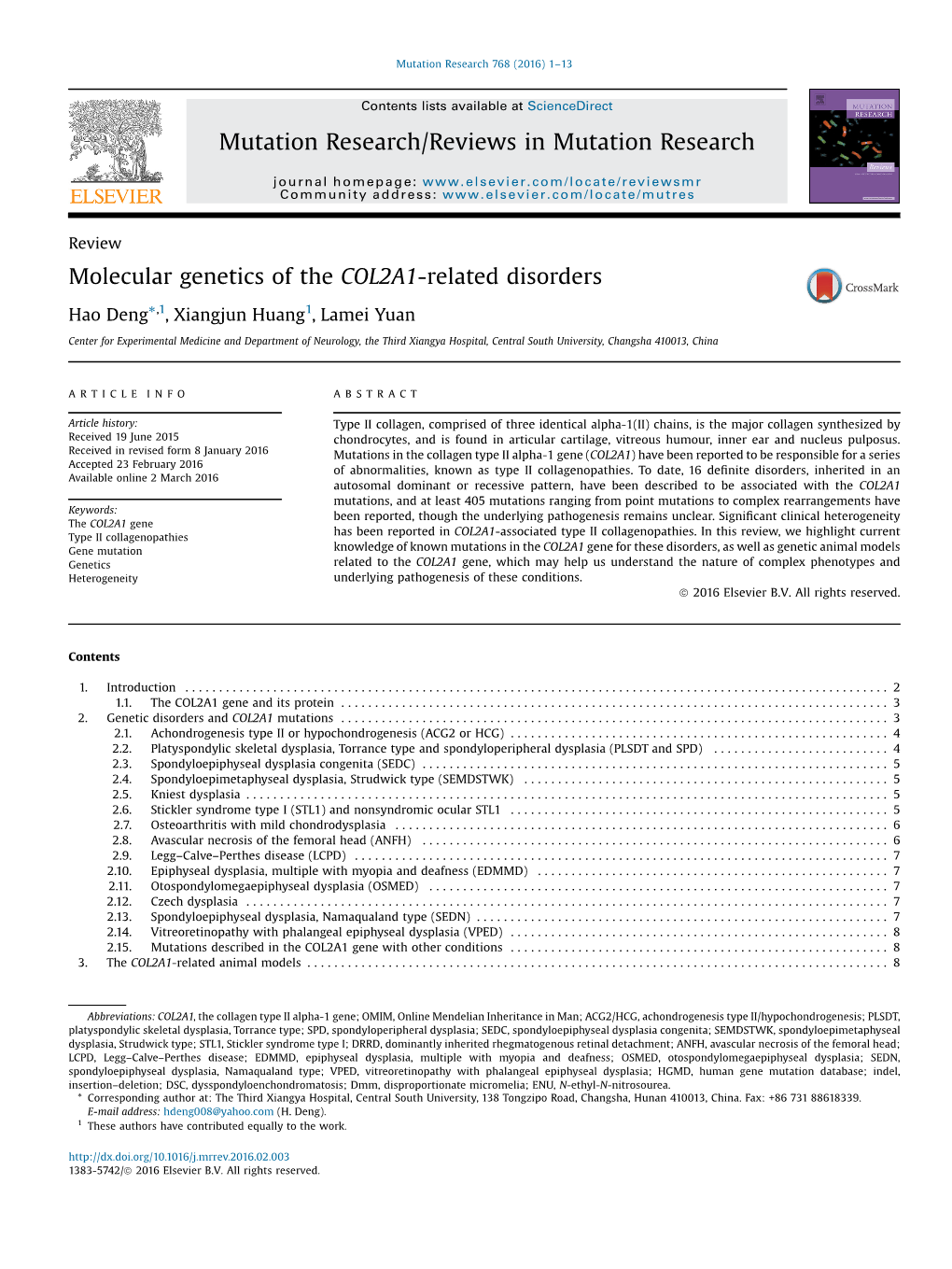 Molecular Genetics of the COL2A1-Related Disorders