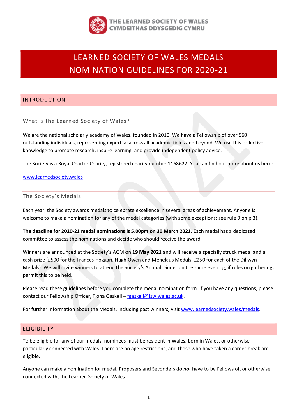 Learned Society of Wales Medals Nomination Guidelines for 2020-21
