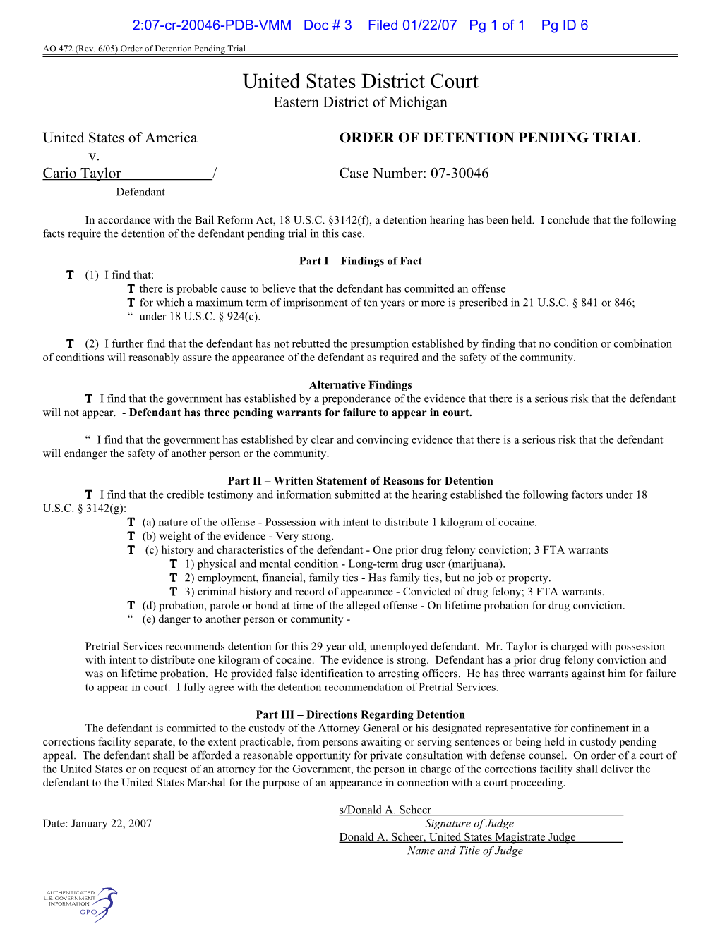 S:\SCHEER\ORDERS 2005-\Orders.Jan 2007\Taylor.Det