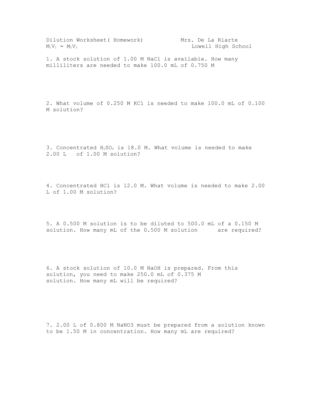 Dilution Worksheet( Homework) Mrs