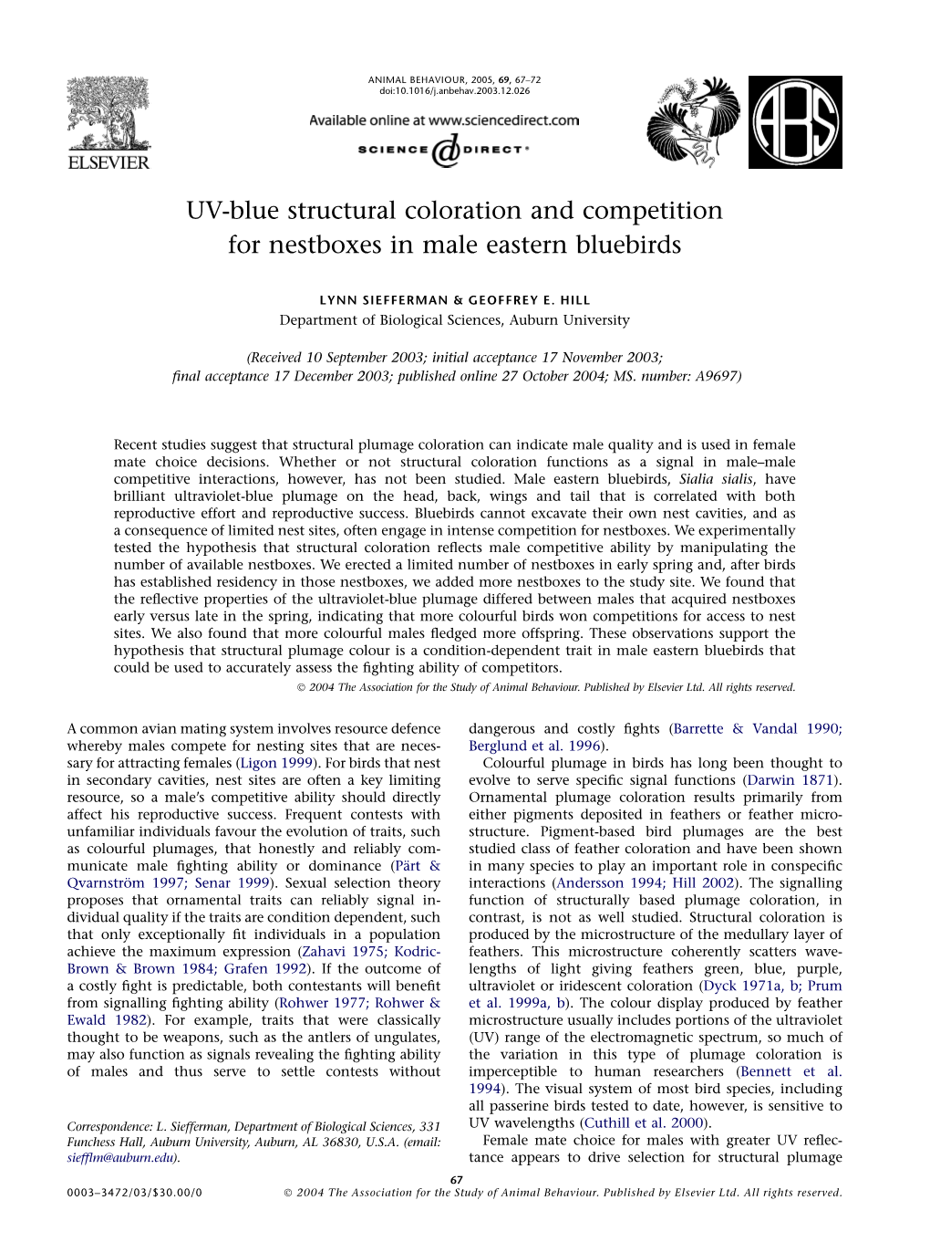 UV-Blue Structural Coloration and Competition for Nestboxes in Male Eastern Bluebirds