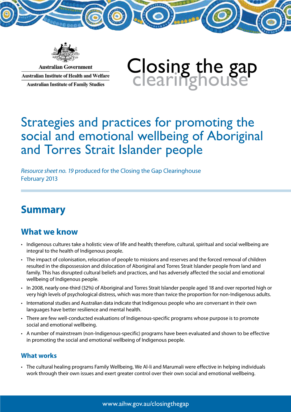 Strategies and Practices for Promoting the Social and Emotional Wellbeing of Aboriginal and Torres Strait Islander People