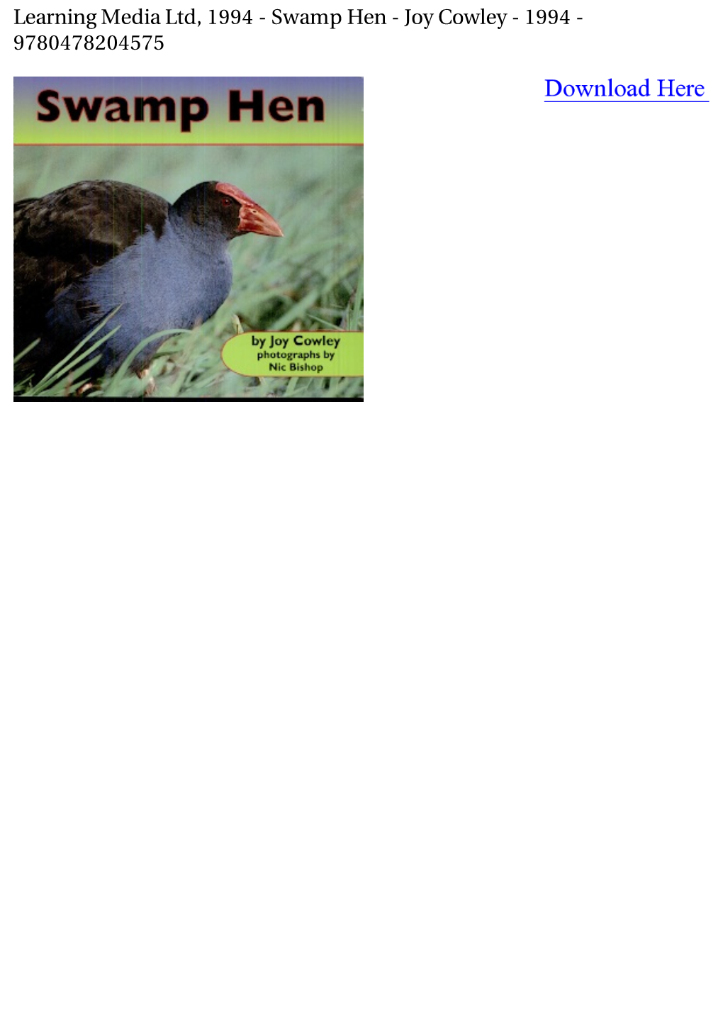 Swamp Hen - Joy Cowley - 1994 - 9780478204575 Meaning of Swamphen