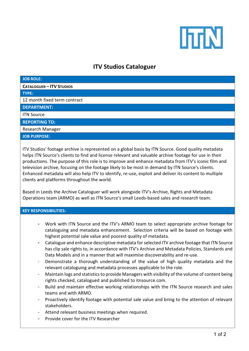 ITV Studios Cataloguer