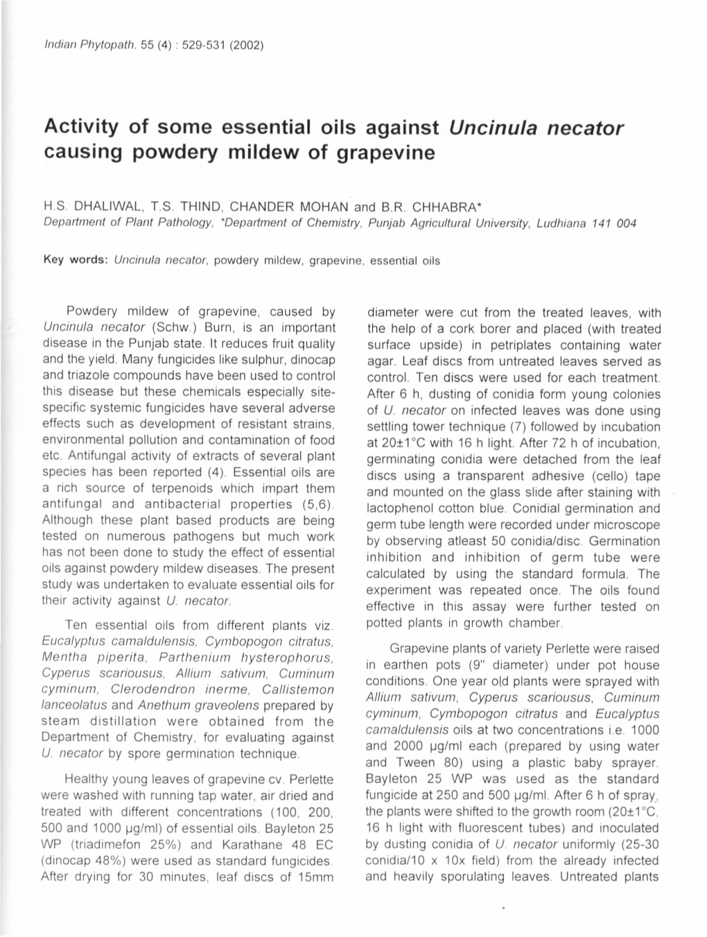 Activity of Some Essential Oils Against Uncinula Necator Causing Powdery Mildew of Grapevine