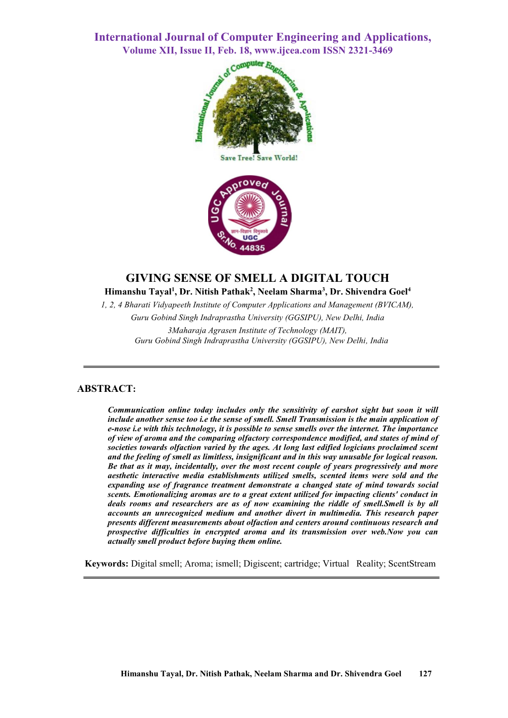 International Journal of Computer Engineering and Applications, GIVING SENSE of SMELL a DIGITAL TOUCH