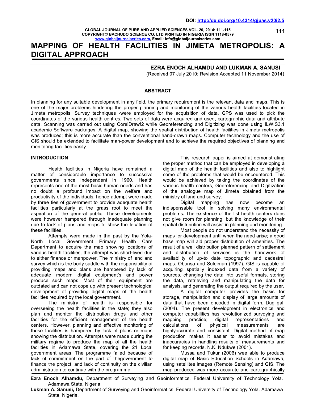 Mapping of Health Facilities in Jimeta Metropolis: a Digital Approach