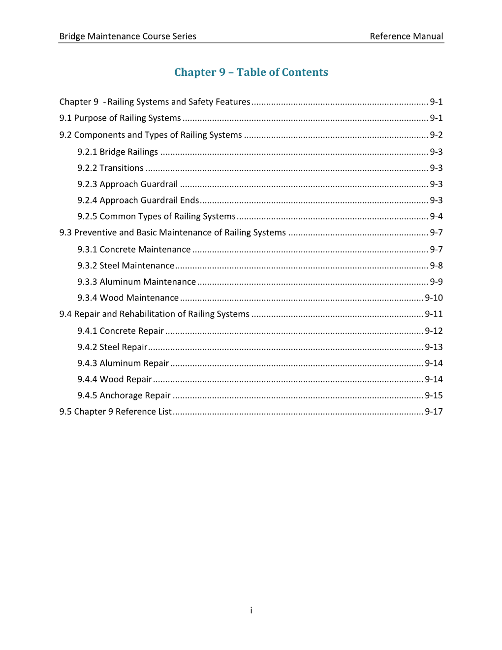 Chapter 9 – Table of Contents