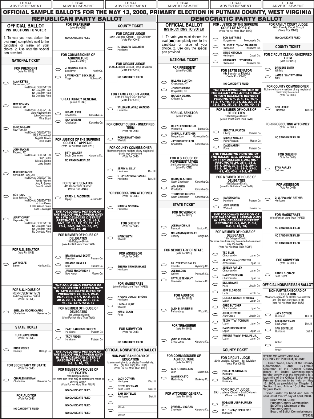 Republican Party Ballot Democratic Party Ballot Official Sample Ballots for the May 13, 2008, Primary Election in Putnam County