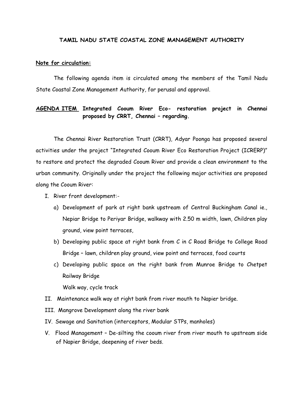 TAMIL NADU STATE COASTAL ZONE MANAGEMENT AUTHORITY Note