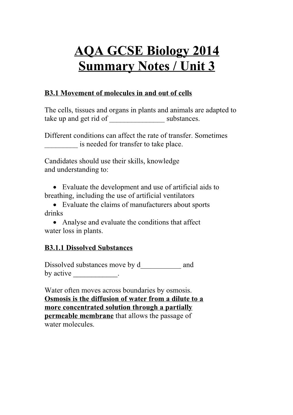 AQA GCSE Biology 2014 Summary Notes / Unit 3