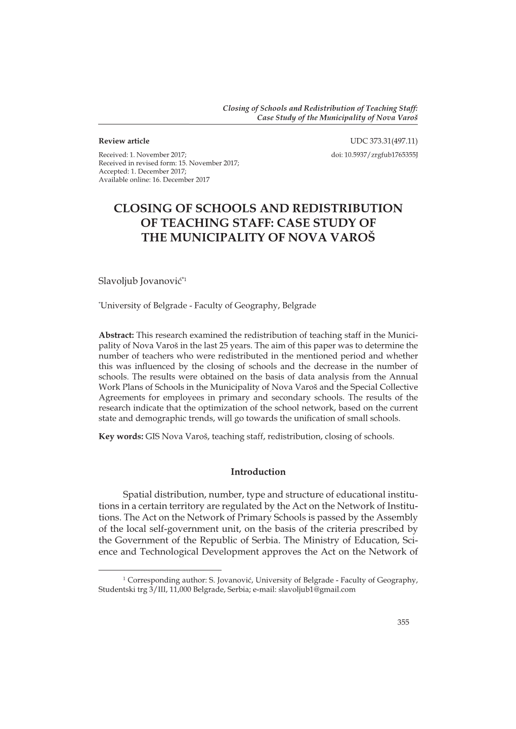 Closing of Schools and Redistribution of Teaching Staff: Case Study of the Municipality of Nova Varoš