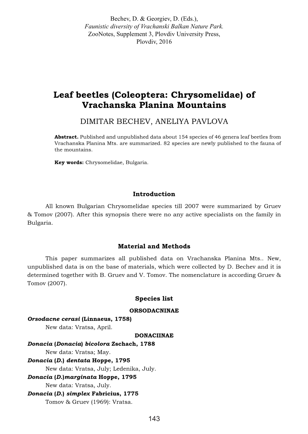 Leaf Beetles (Coleoptera: Chrysomelidae) of Vrachanska Planina Mountains