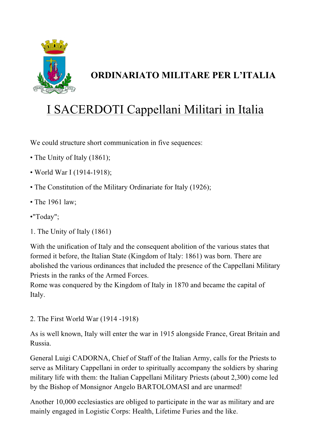 I SACERDOTI Cappellani Militari in Italia