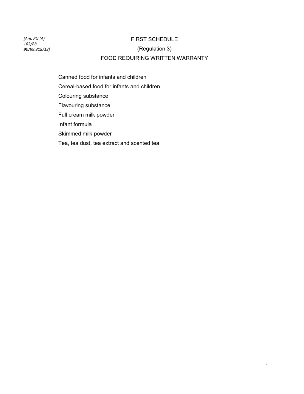 FIRST SCHEDULE 162/88, 90/99,318/12] (Regulation 3) FOOD REQUIRING WRITTEN WARRANTY