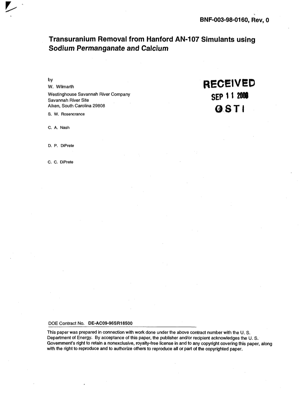 Transuranium Removal from Hanford AN-107 Simulants Using Sodium Permanganate and Ca)Cium