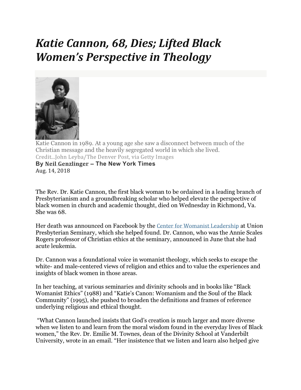 Katie Cannon, 68, Dies; Lifted Black Women’S Perspective in Theology