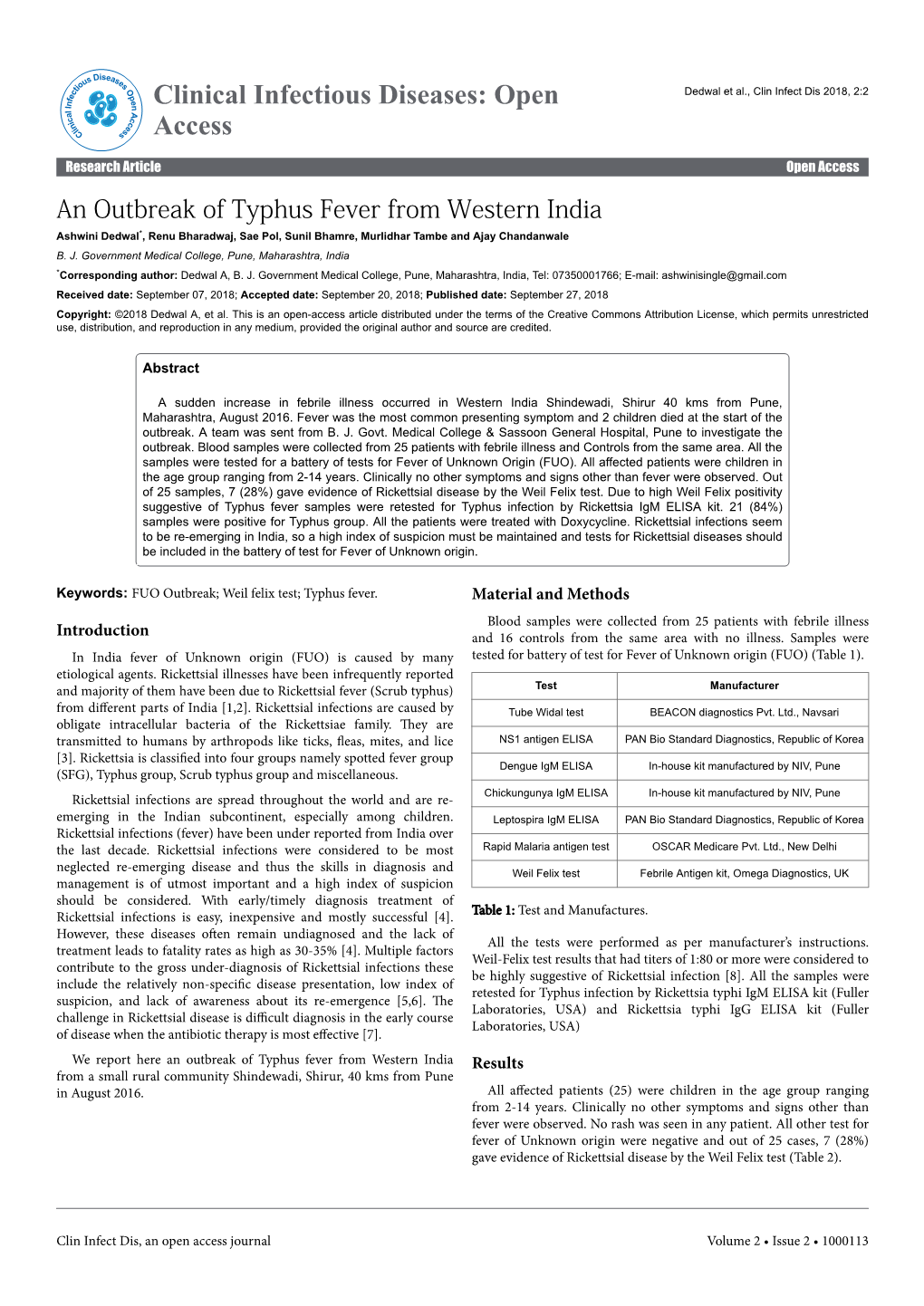 An Outbreak of Typhus Fever from Western India Ashwini Dedwal*, Renu Bharadwaj, Sae Pol, Sunil Bhamre, Murlidhar Tambe and Ajay Chandanwale B