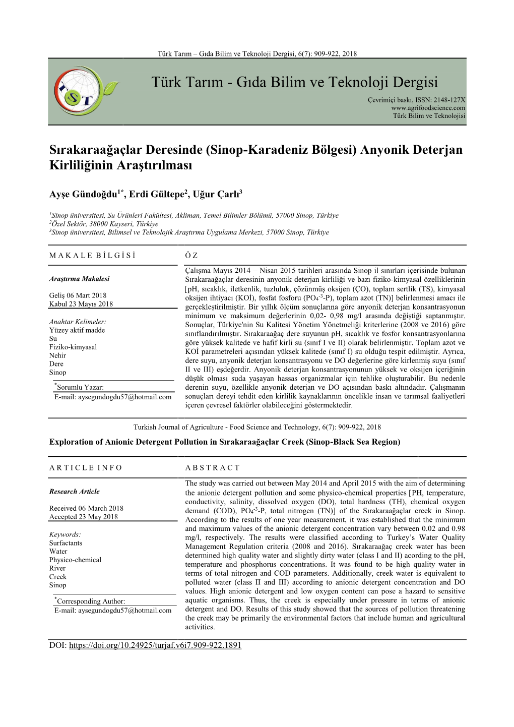 Türk Tarım – Gıda Bilim Ve Teknoloji Dergisi, 6(7): 909-922, 2018