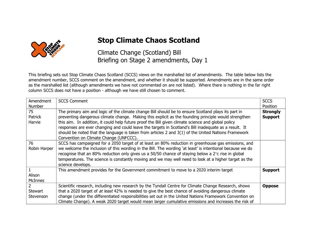 Stop Climate Chaos Scotland Climate Change (Scotland) Bill Briefing on Stage 2 Amendments, Day 1