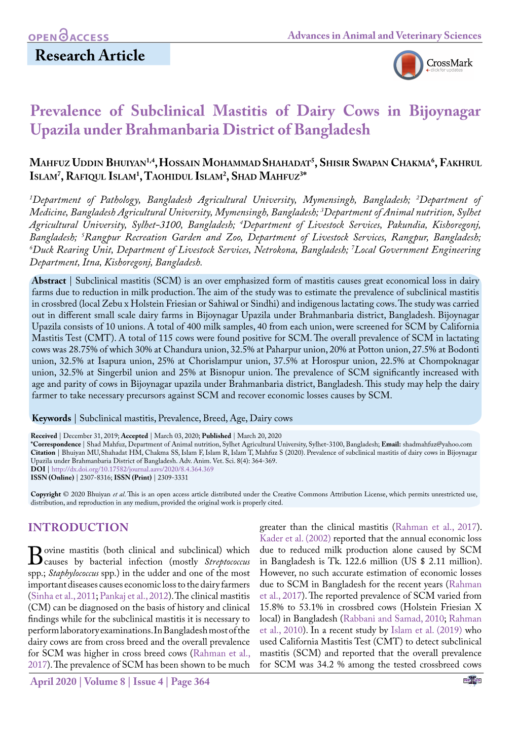 Prevalence of Subclinical Mastitis of Dairy Cows in Bijoynagar Upazila Under Brahmanbaria District of Bangladesh