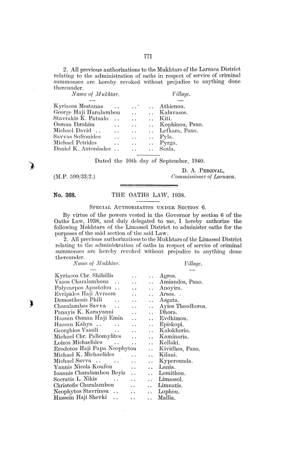 771 2. All Previous Authorizations to the Mukhtars of the Larnaca District Relating to the Administration of Oaths in Respect Of