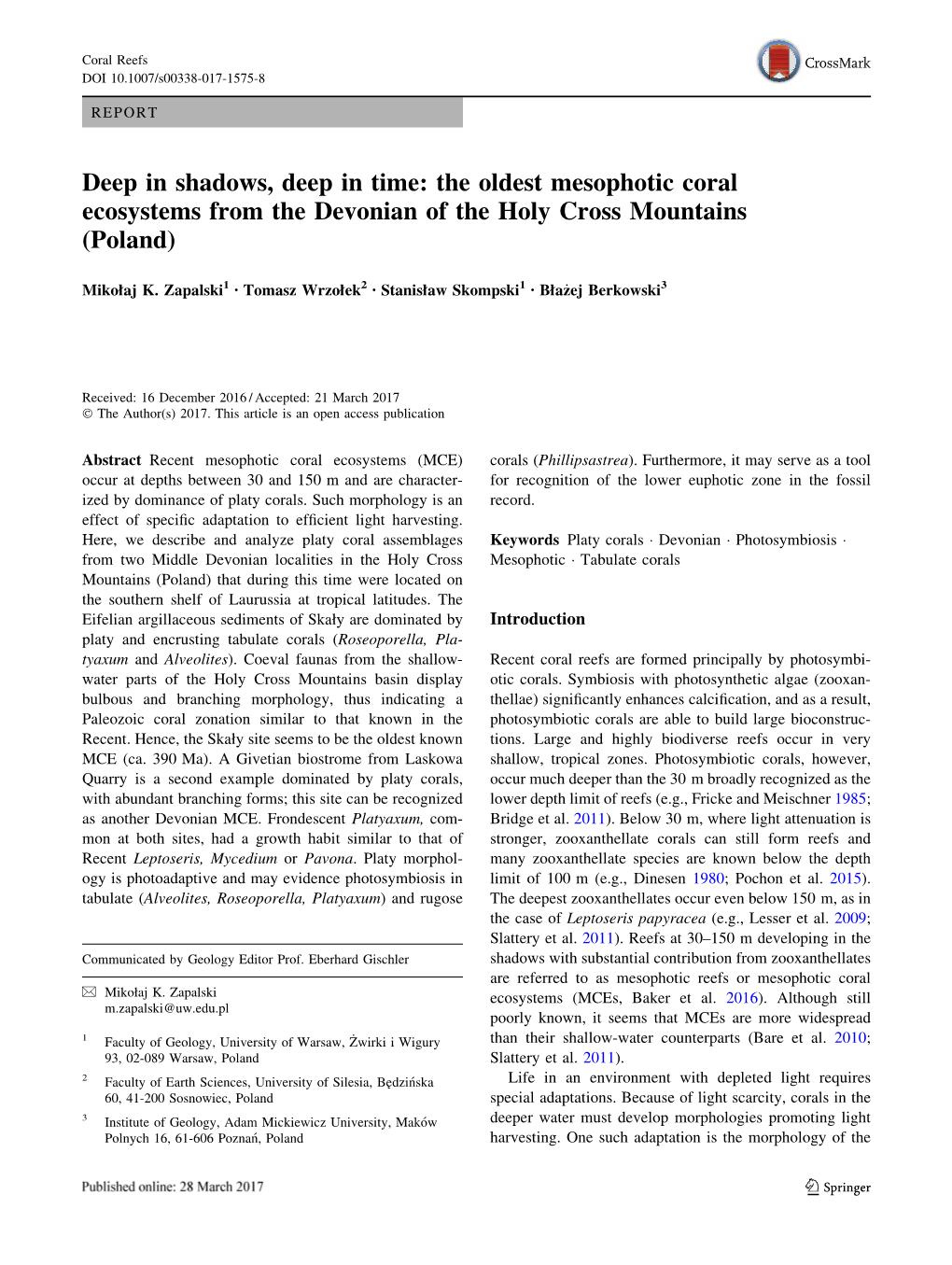 The Oldest Mesophotic Coral Ecosystems from the Devonian of the Holy Cross Mountains (Poland)