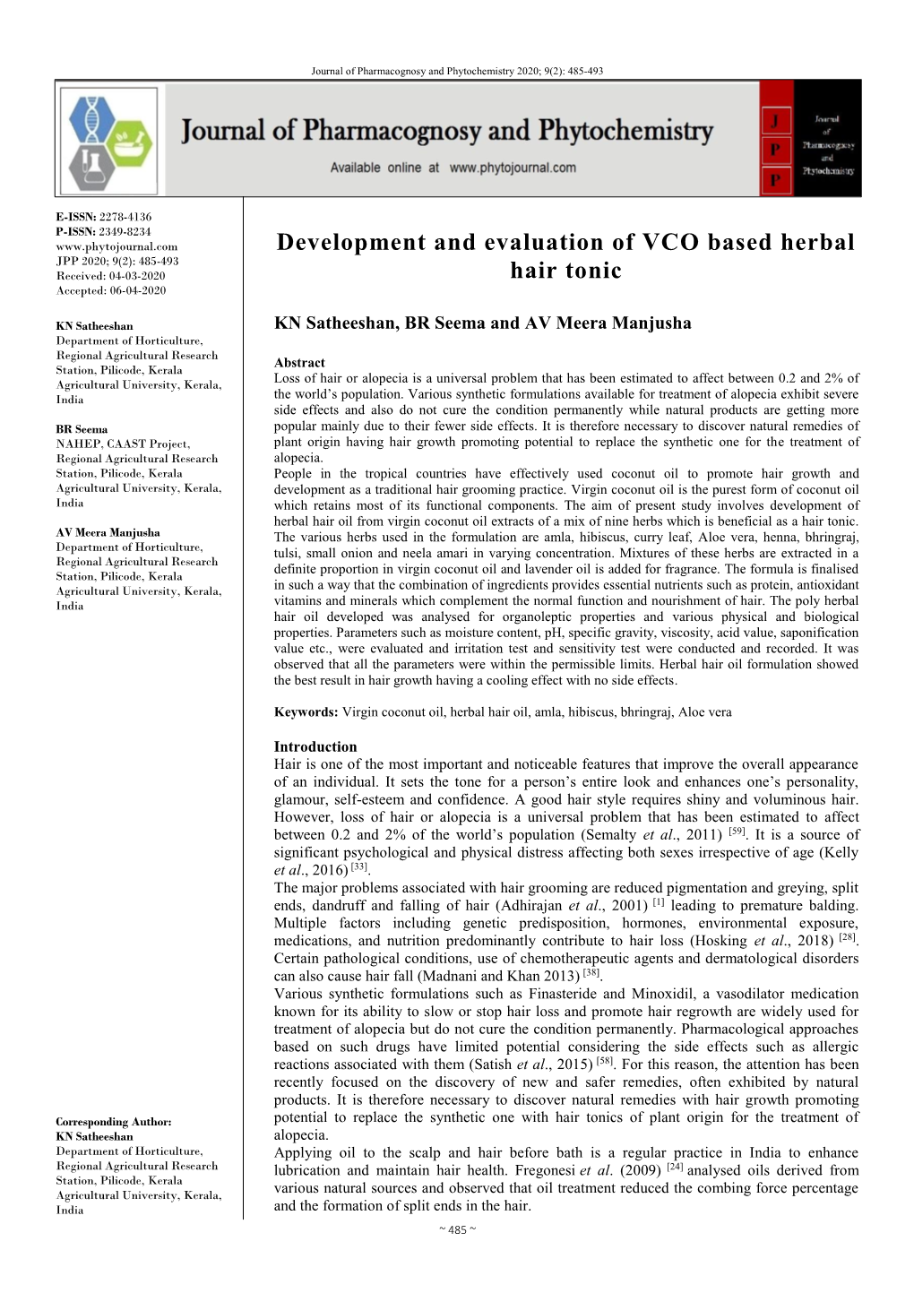 Development and Evaluation of VCO Based Herbal Hair Tonic