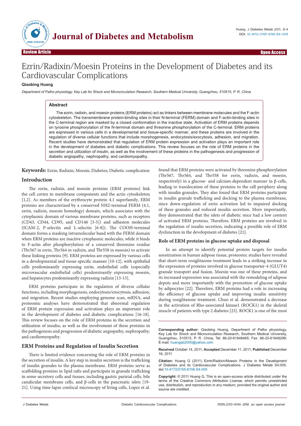 Ezrin/Radixin/Moesin Proteins in the Development of Diabetes and Its