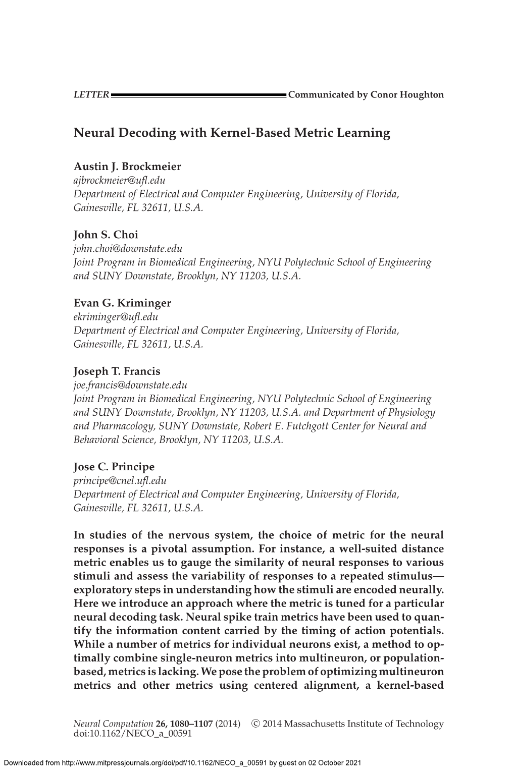 Neural Decoding with Kernel-Based Metric Learning
